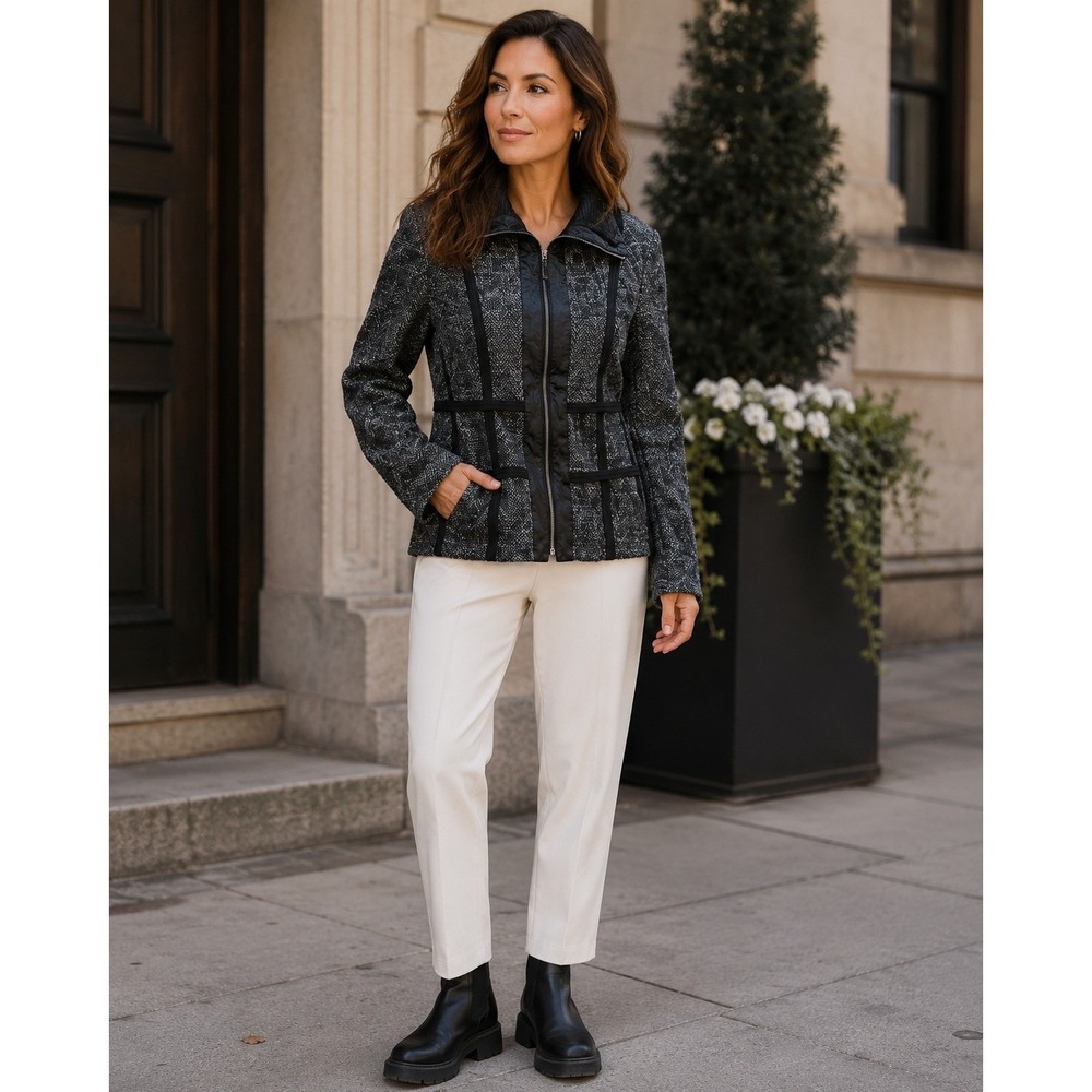 Basler Jacket Women 14 Gray Herringbone Textured Moto Goth Edgy Designer